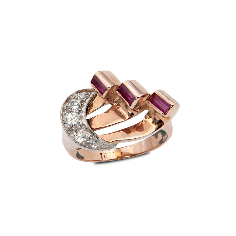 Vintage Pink Gold Diamond and Ruby Retro Ring