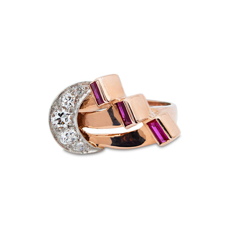Vintage Pink Gold Diamond and Ruby Retro Ring
