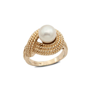 Vintage 14 Karat Yellow Gold Akoya Pearl Ring with Rope Motif