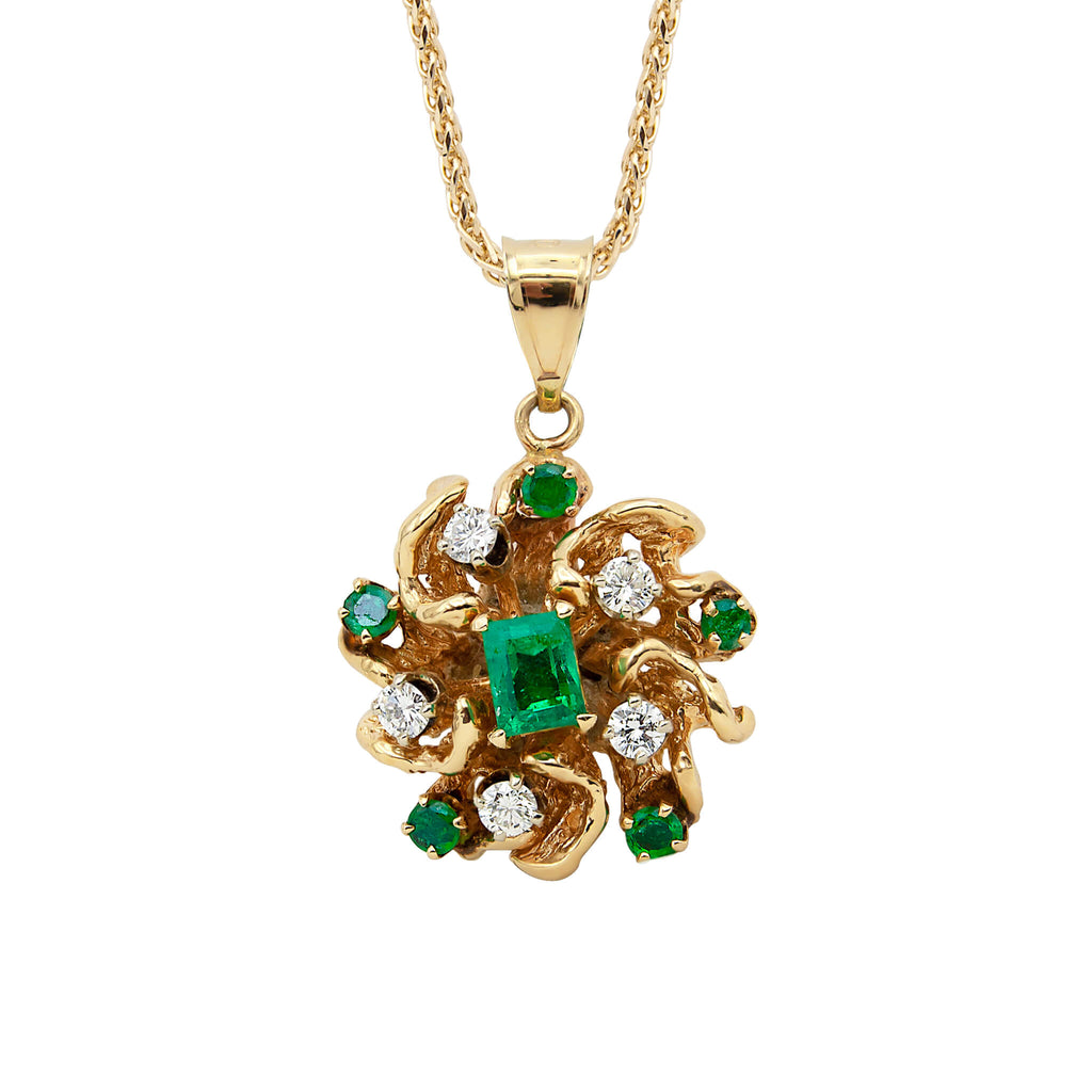 Vintage 14 Karat Yellow Gold Emerald and Diamond Pendant