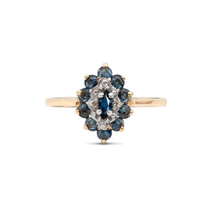 Vintage 14 Karat Gold Navette Sapphire & Diamond Cluster Ring