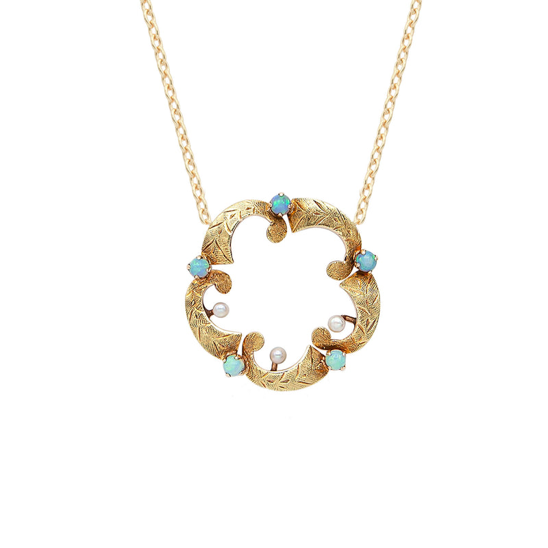 Vintage 14 Karat Gold Opal and Pearl Necklace