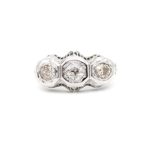 Vintage 14 Karat White Gold 3 Diamond Art Deco Filigree Ring