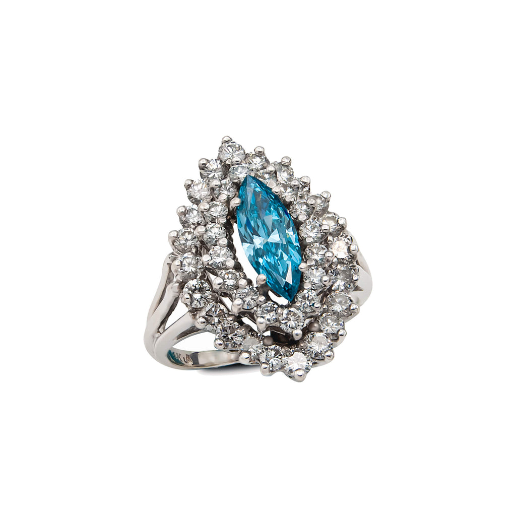 Vintage 14 Karat White Gold Blue Marquise Diamond Ring