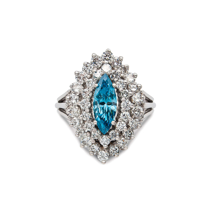 Vintage 14 Karat White Gold Blue Marquise Diamond Ring