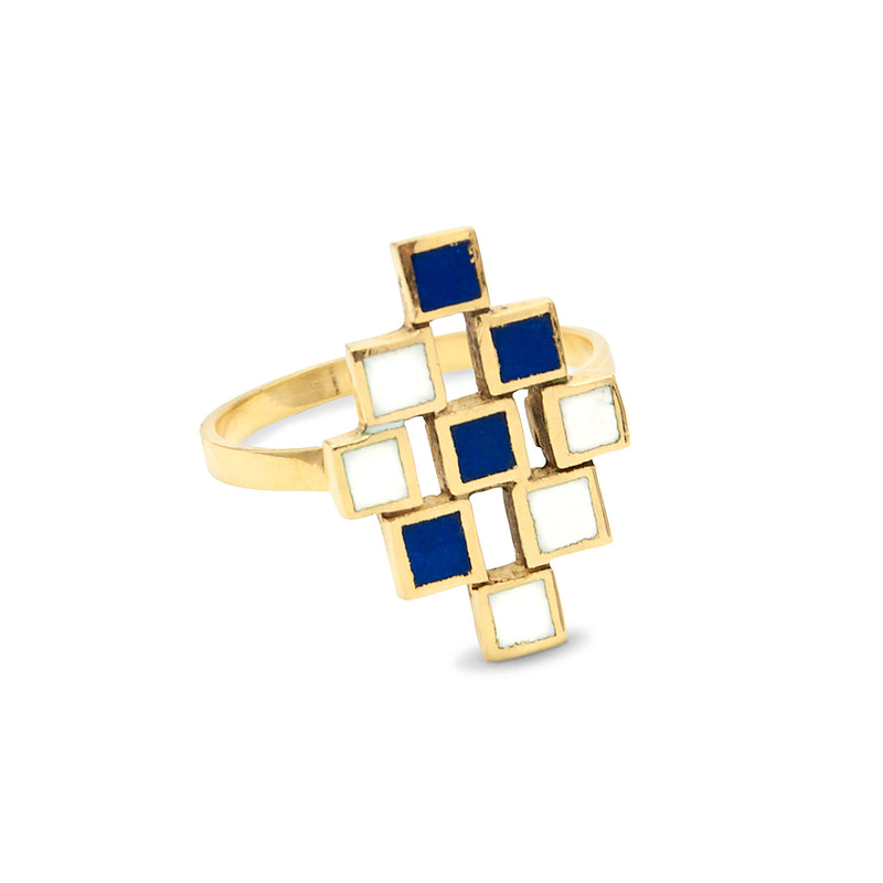 Vintage 14 Karat Yellow Gold French Midcentury Modern Blue White Enamel Ring