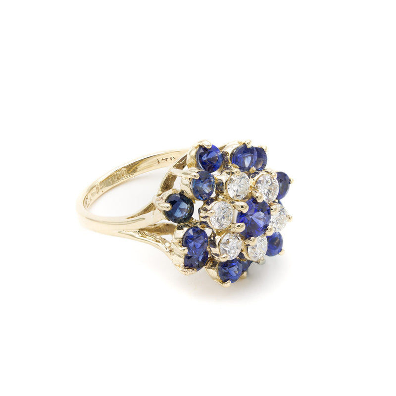 Vintage 14 Karat Yellow Gold Alternative Engagement or Cocktail Double Halo Princess Ring of Diamond Cut Natural Blue Sapphires and Diamonds