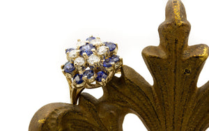 Vintage 14 Karat Yellow Gold Alternative Engagement or Cocktail Double Halo Princess Ring of Diamond Cut Natural Blue Sapphires and Diamonds