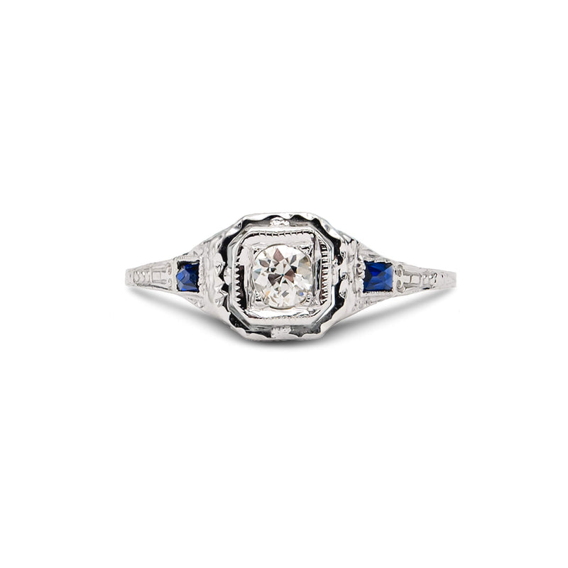 18 Karat White Gold Art Deco Diamond and Sapphire Ring