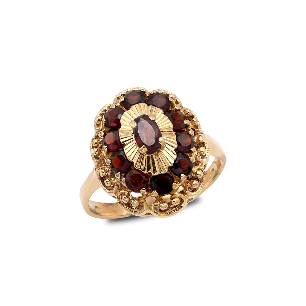 Vintage 18 Karat Yellow Gold Garnet Scrollwork Halo Ring