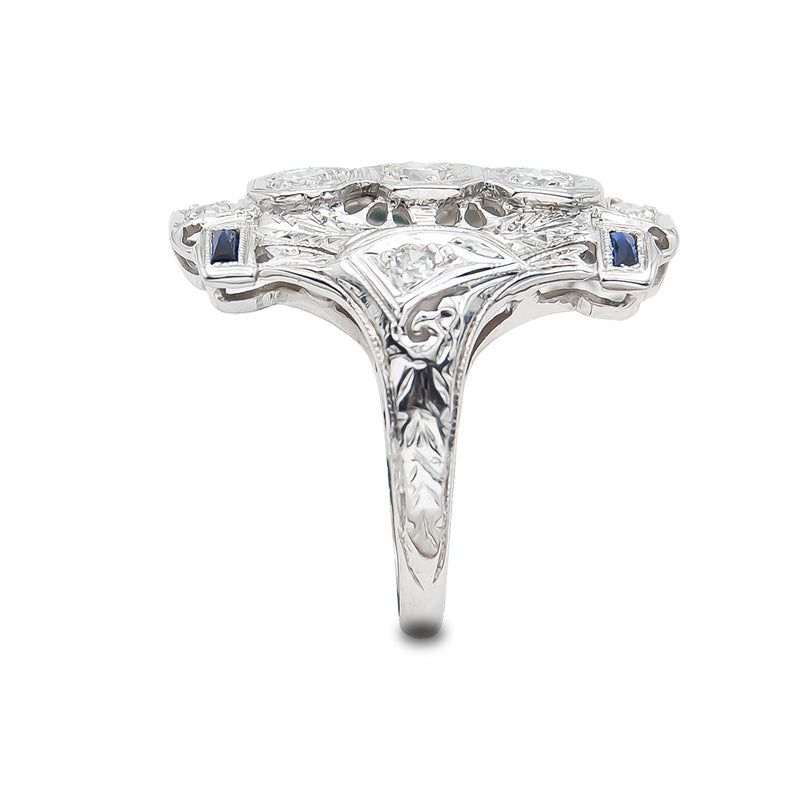 Vintage Art Deco Diamond and Sapphire Filigree Ring