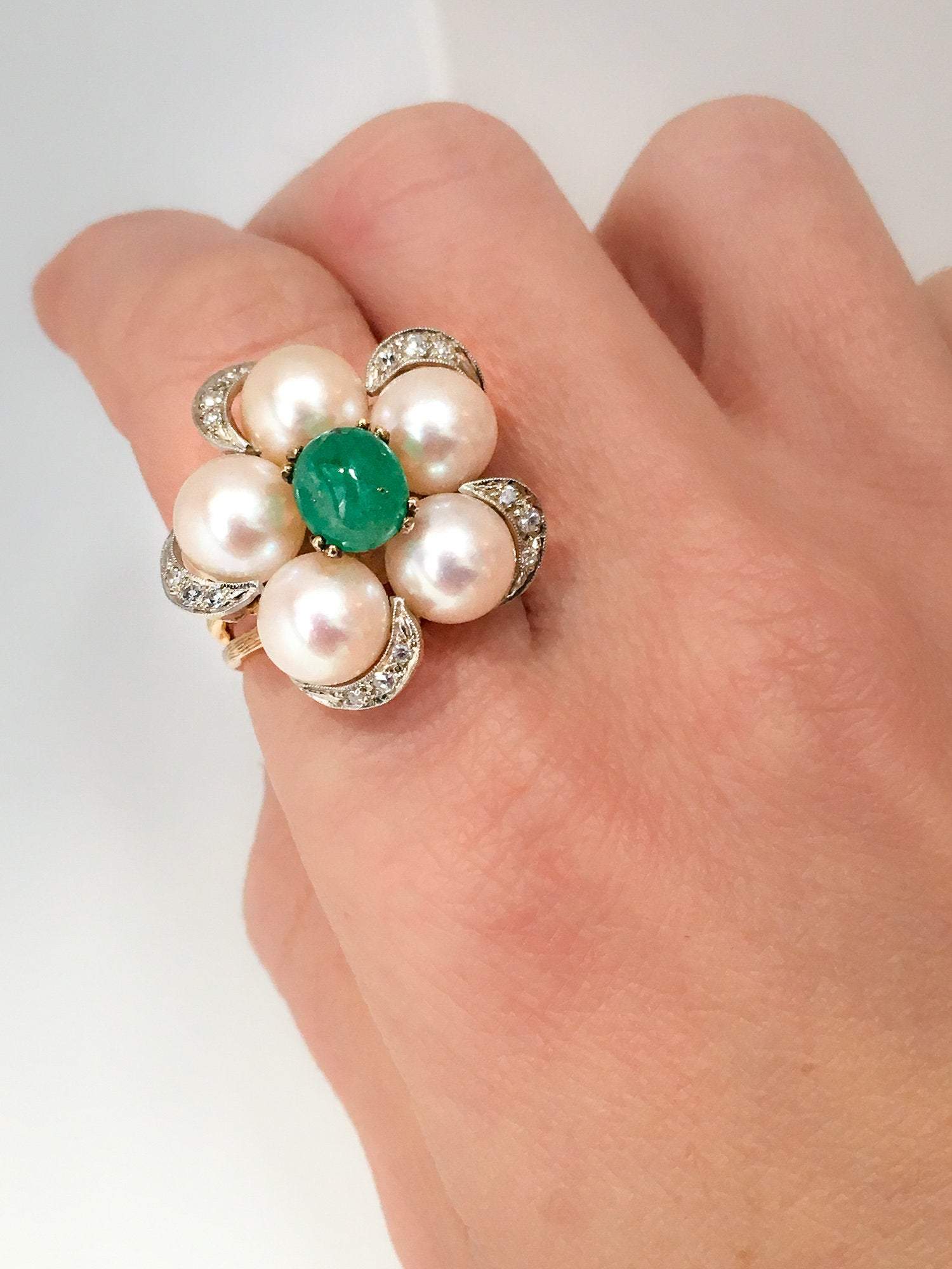 Emerald, Pearl, and Diamond Ring – Aurum Jewelers