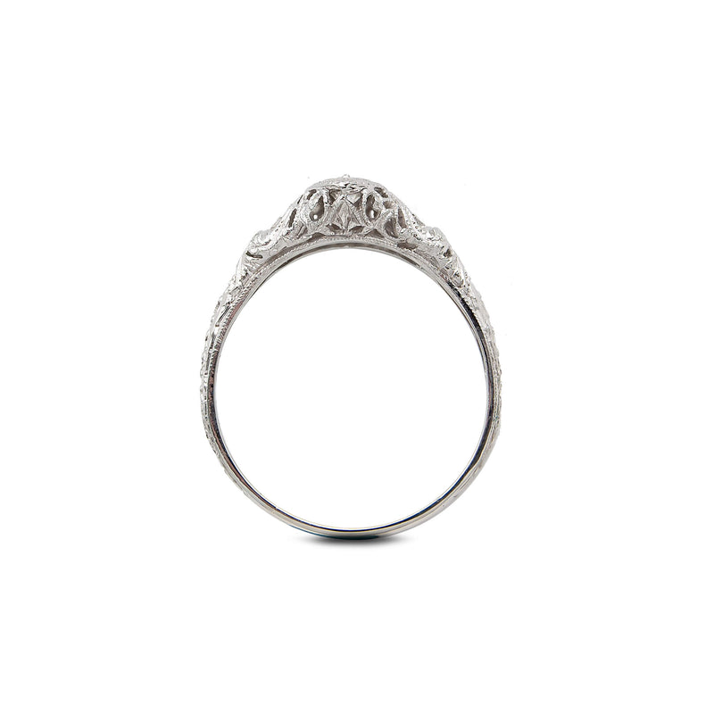 Vintage Navette Shaped 18 Karat White Gold Diamond Filigree Ring