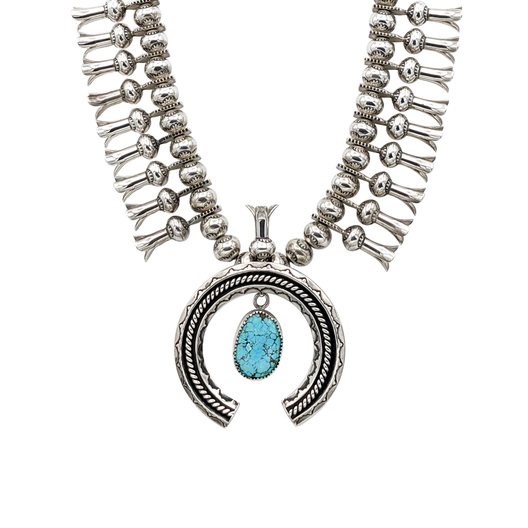 Navajo Turquoise and Sterling Silver Contemporary Squash Blossom Necklace