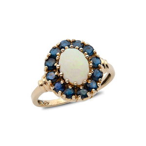 Vintage Yellow Gold Australian Opal and Sapphire Halo Ring