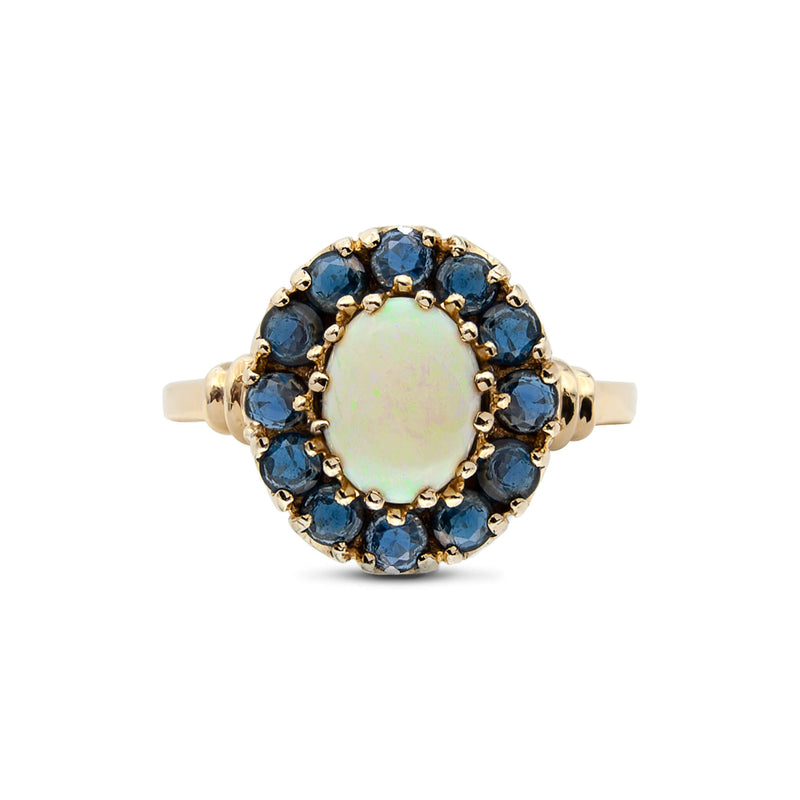 Vintage Yellow Gold Australian Opal and Sapphire Halo Ring