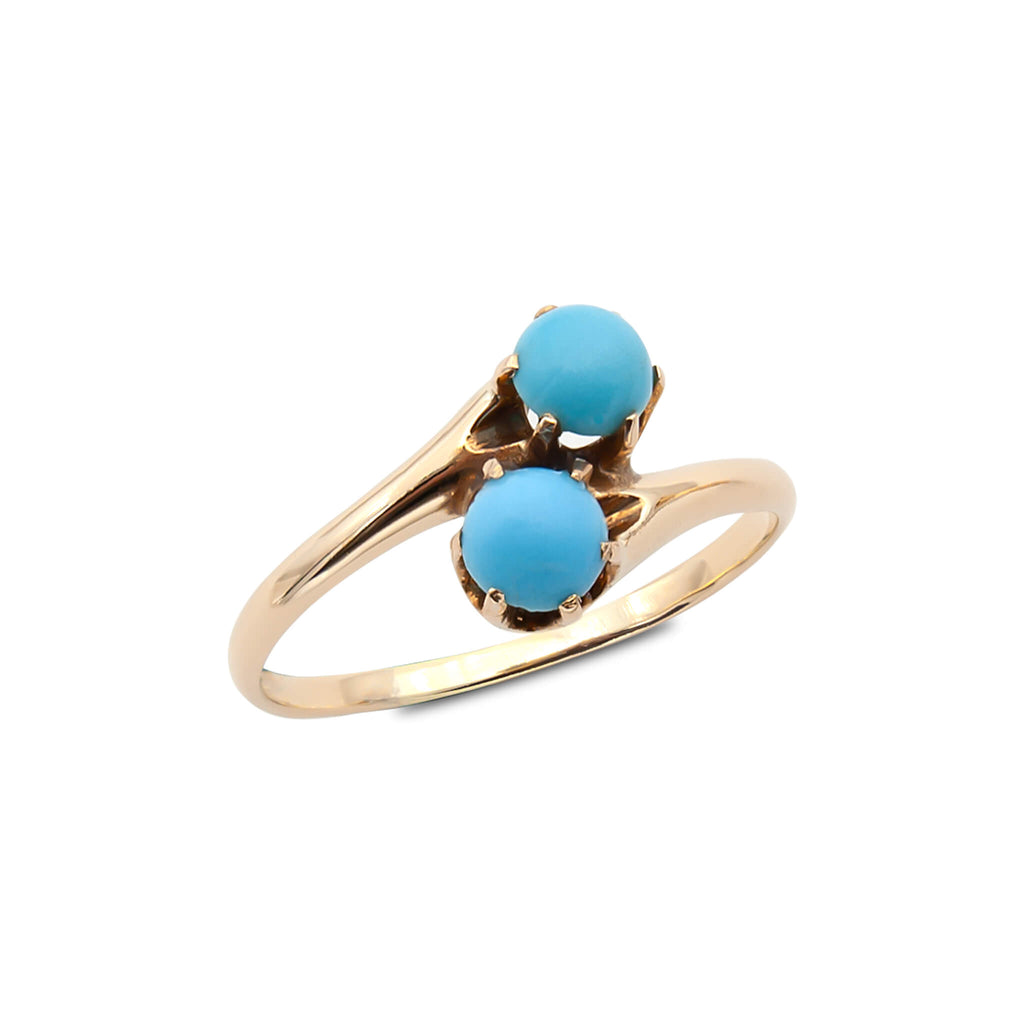 Antique 14 Karat Yellow Gold Twin Turquoise Ring
