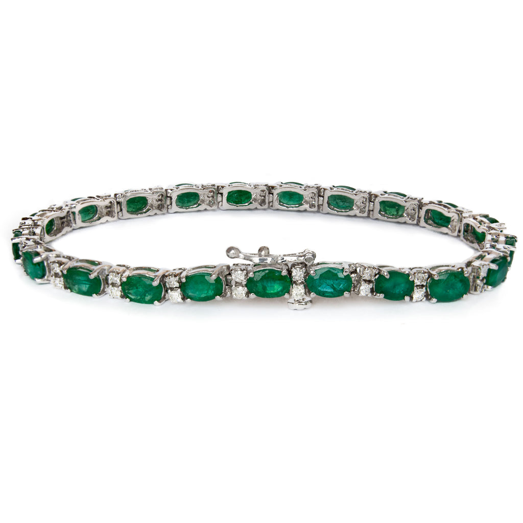 Classic 14 Karat White Gold Line Bracelet Prong Set with Alternating Natural Oval Faceted Emeralds and Fine Brilliant Cut Diamonds