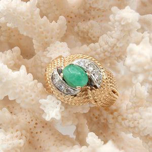 Vintage 14 Karat Gold Emerald and Diamond Rope Motif Ring