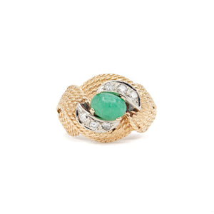 Vintage 14 Karat Gold Emerald and Diamond Rope Motif Ring