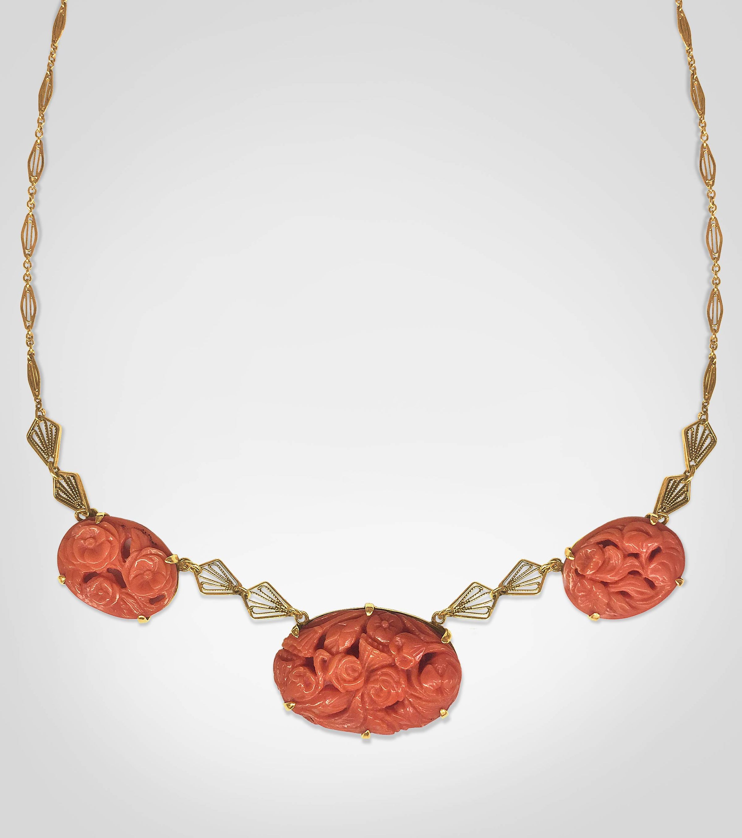 Antique Art Deco Carved Orange Red Momo Coral Necklace C.1920 – Emerald  Cicada