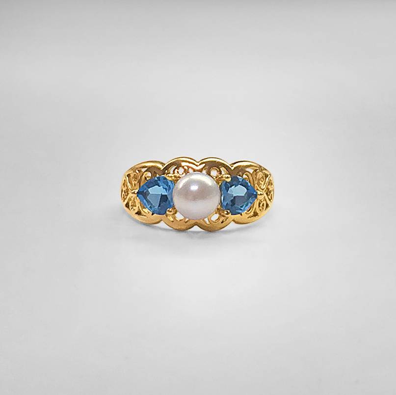 Akoya Pearl and Blue Topaz Ring
