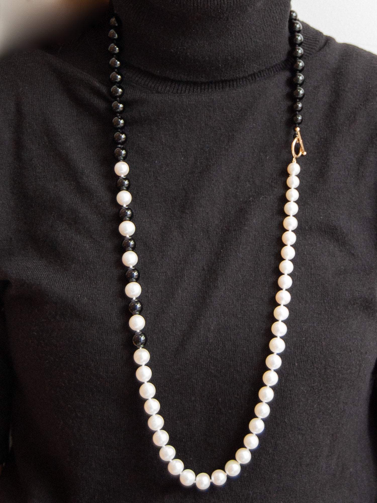 Long Double Strand Cultured Pearl & Onyx Necklace by Rajola
