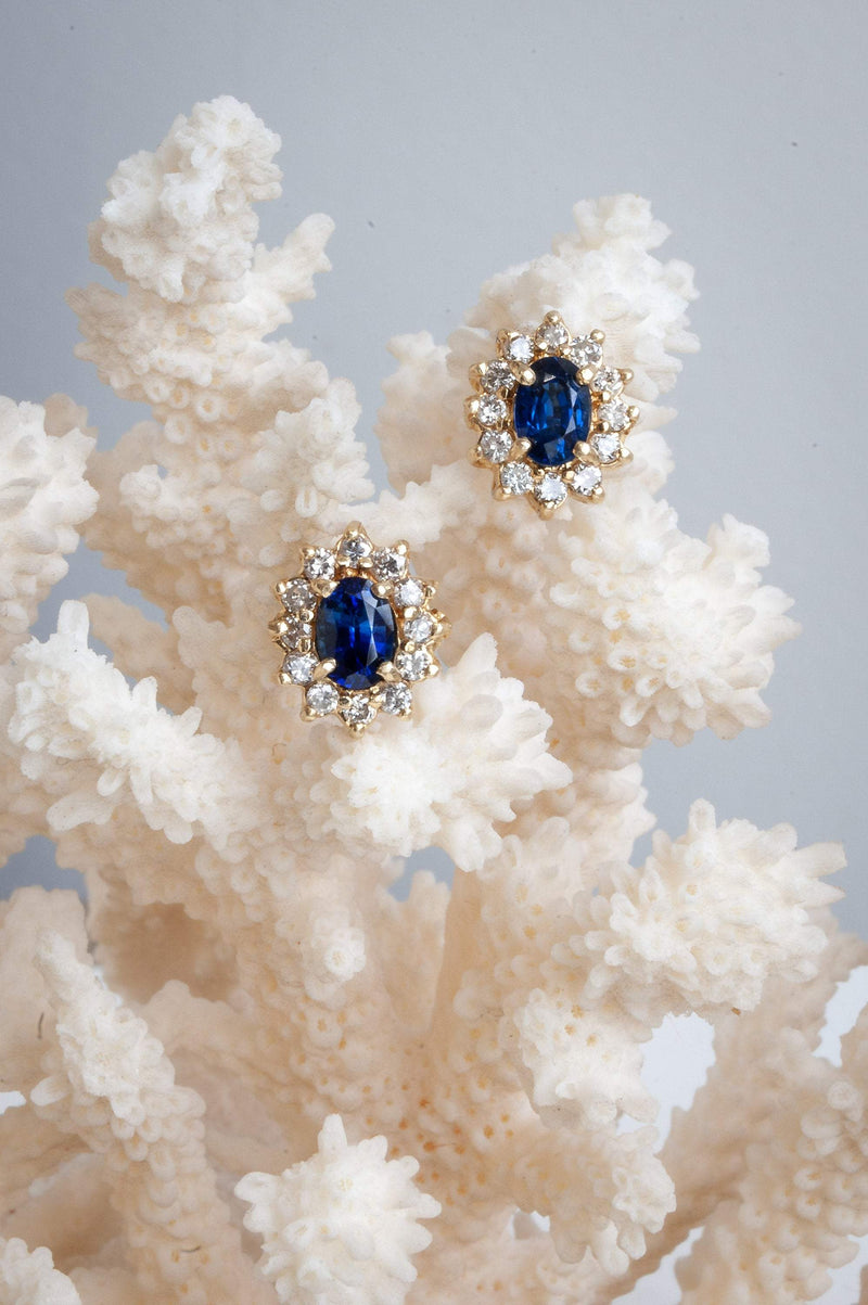 Oval Ceylon Sapphire and Diamond Halo Stud Earrings