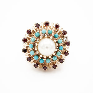 Pearl Cocktail Ring with Turquoise and Garnet Halos