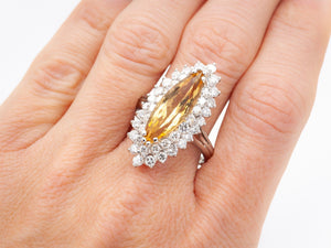 Elongated Marquise Citrine and Diamond Halo Ring