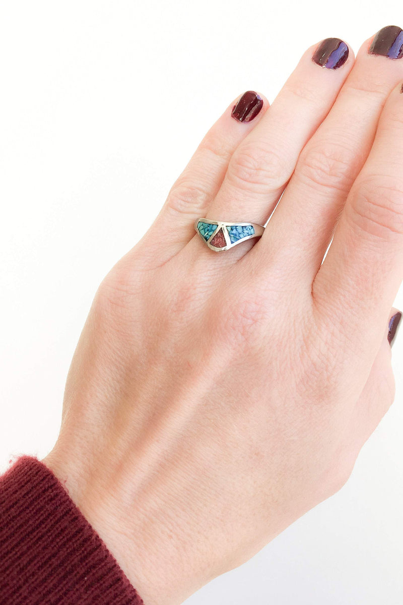 Triangular Coral and Turquoise Ring