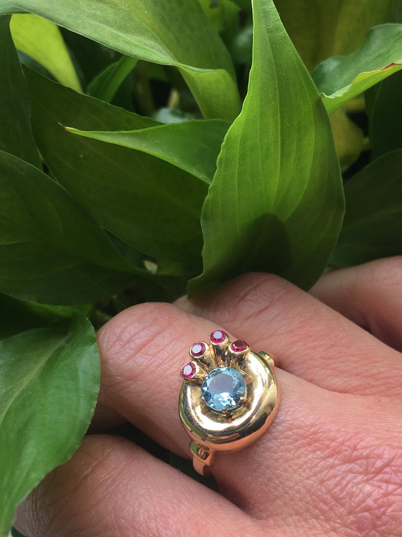 Aquamarine and Ruby Peacock Ring