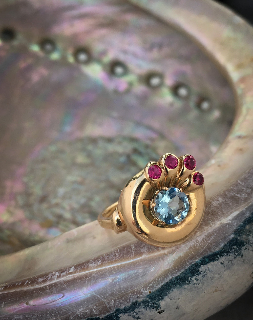 Aquamarine and Ruby Peacock Ring