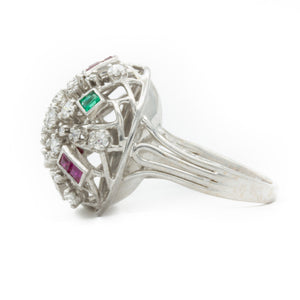 1950s White Gold Ring with Emerald Cut Rubies and Emeralds