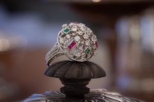 1950s White Gold Ring with Emerald Cut Rubies and Emeralds