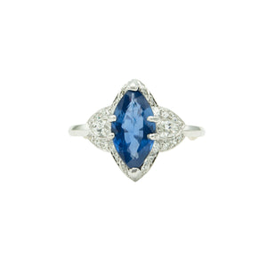 Vintage Deco Platinum Engagement Ring with Natural Marquise Blue Sapphire and Diamonds