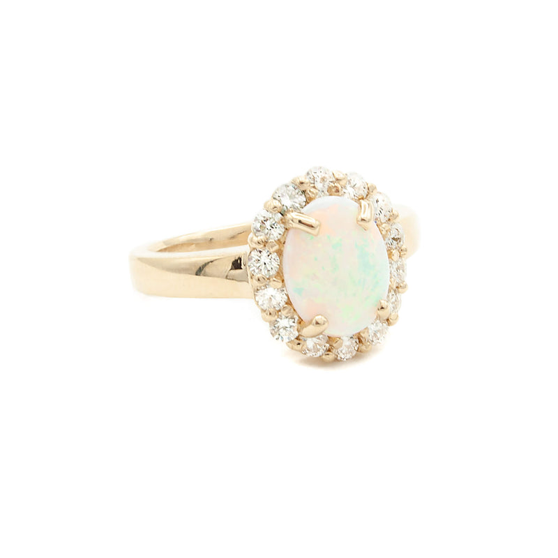 14 Karat Yellow Gold Natural Australian Opal Ring with Halo of Finest Brilliant Cut Diamonds
